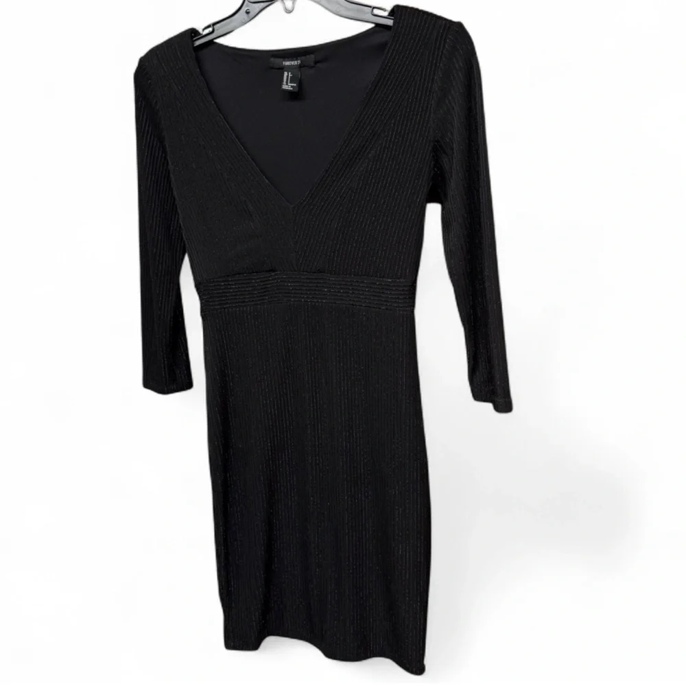 Forever 21 Black Metallic Ribbed V-Neck Mini Dress - Smalll - Picture 3 of 7